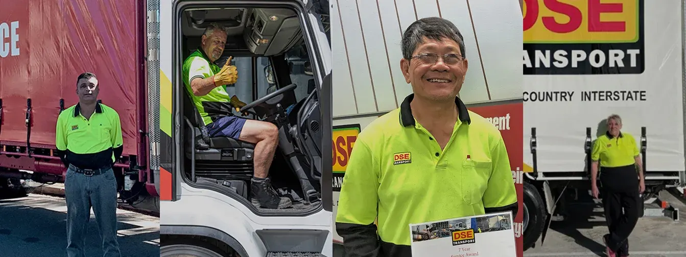 Four DSE Transport drivers on the job — at the depot, behind the wheel and receiving a long-service award
