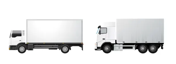 Side-profile illustration of two heavy rigid pantech trucks, the larger one on three axles