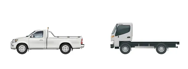 Side-profile illustration of a single-cab ute alongside a light rigid flat tray truck