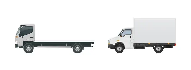 Side-profile illustration of a medium rigid flat tray truck alongside a medium rigid pantech