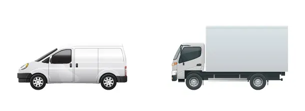 Side-profile illustration of a parcel delivery van alongside a small pantech truck