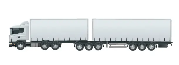 Side-profile illustration of a prime mover pulling a B-double set of curtain-sided trailers