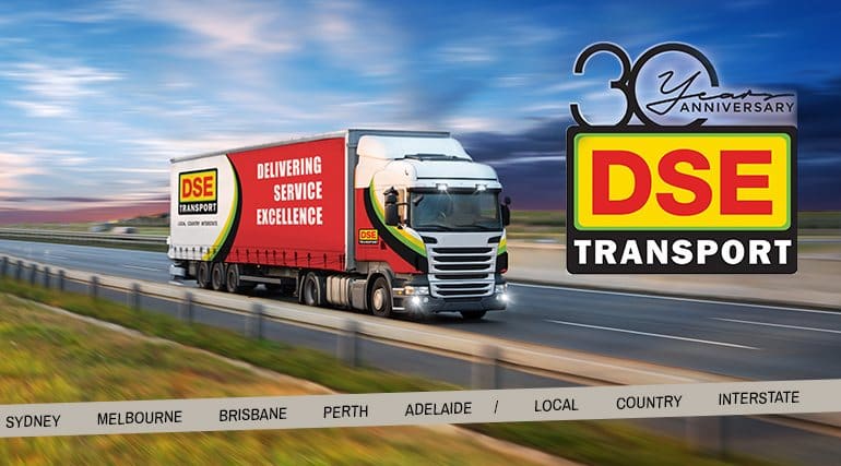 DSE Transport logo on the road, celebrating 30 years in Sydney, Melbourne, Perth and Adelaide.