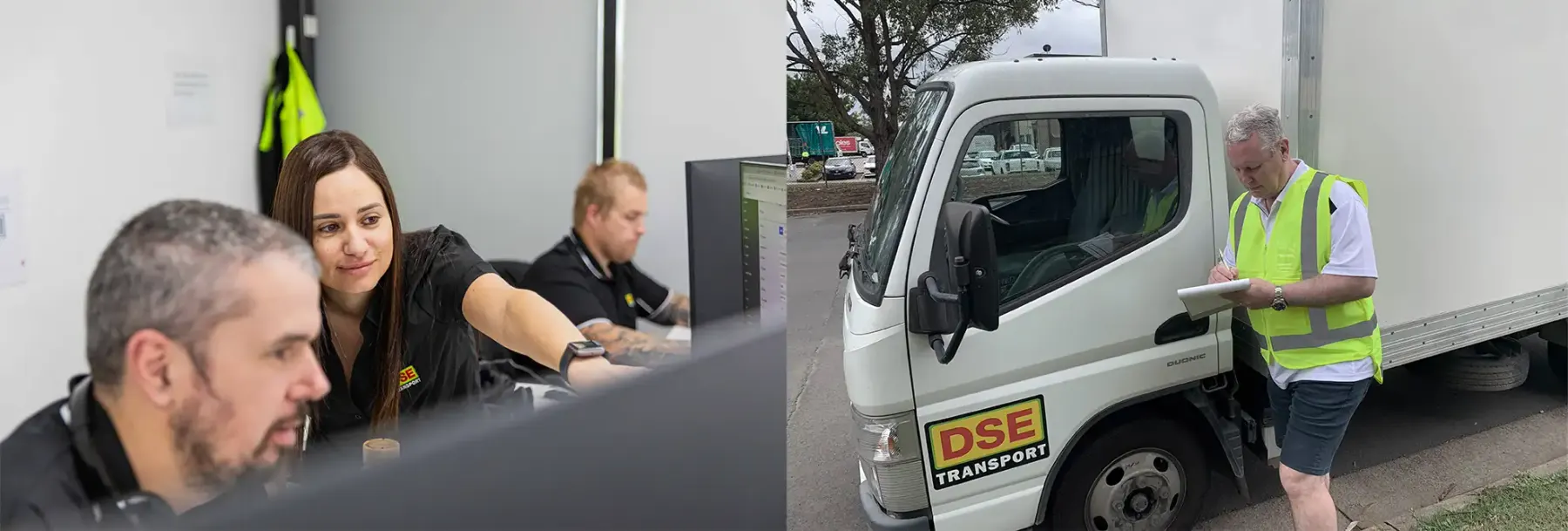 DSE Transport operations staff at work in the office, and a driver in hi-vis completing pre-delivery checks beside his truck