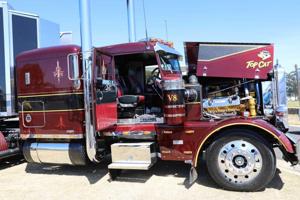 DSE Transport custom Peterbilt truck and chrome trailer taking part in the Sydney charity convoy.